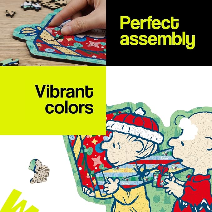 Peanuts Christmas Puzzles for Adults – Snoopy, 300 Pieces Unique Shaped Charlie Brown Wooden Jigsaw Puzzles, 5MM Thick, Officially Licensed Merchandise – Merry Unwrapping, 16.5" x 10.5"