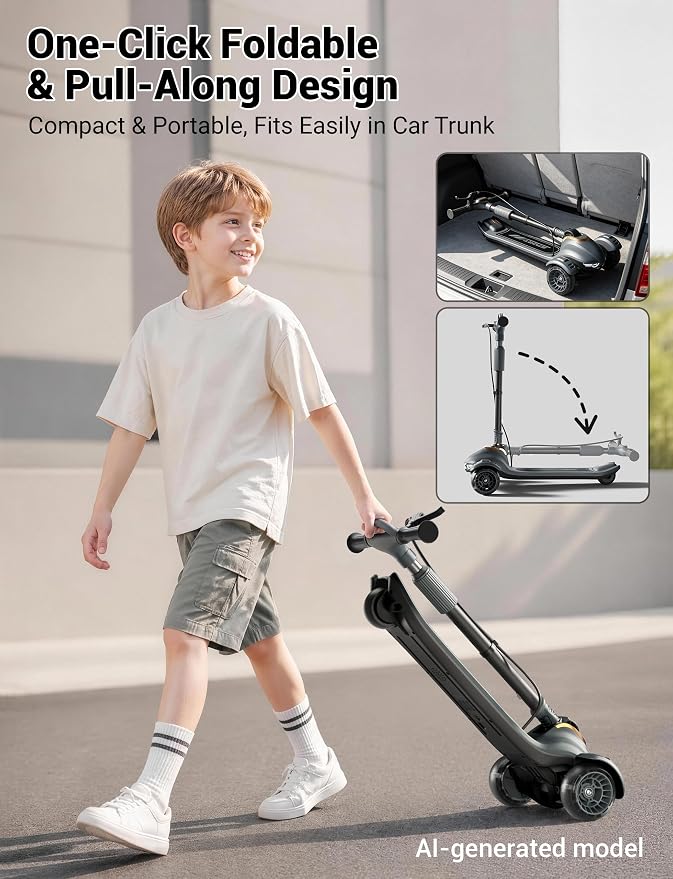 Large Kids Scooter, Toddler Scooter for Kids 3-18 & Adults, Safe Dual Brakes (Foot Brake/Hand Brake) & Music with Lights, 5-Level Adjustable & One-Click Folding Kick Scooter.