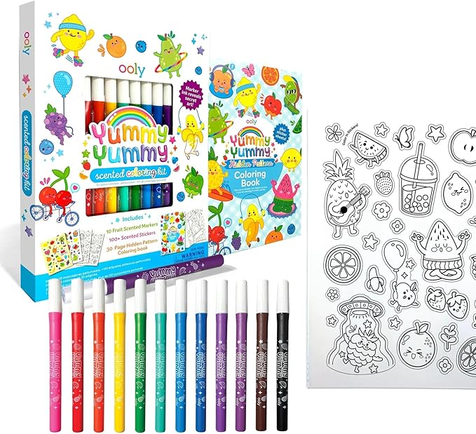 Ooly Travel Art Kit for Kids – Yummy Yummy Scented Coloring Kit, 1 Fruit-Scented Markers, 1+ Stickers, 3-Page Coloring Book, Mess-Free Road Trip & Airplane Activity