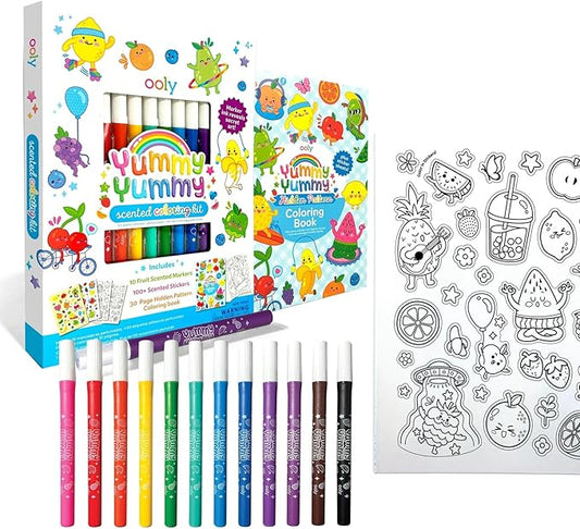 Ooly Travel Art Kit for Kids – Yummy Yummy Scented Coloring Kit, 1 Fruit-Scented Markers, 1+ Stickers, 3-Page Coloring Book, Mess-Free Road Trip & Airplane Activity