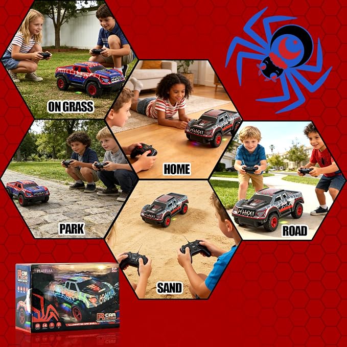 Spider RC Car for Kids, 1:24 Remote Control Car with Color-Changing LED Lights, 2.4GHz 50m Range, 2 Rechargeable Batteries, Assorted Black/Red, Racing Toy Gift for Boys Girls Ages 6-12