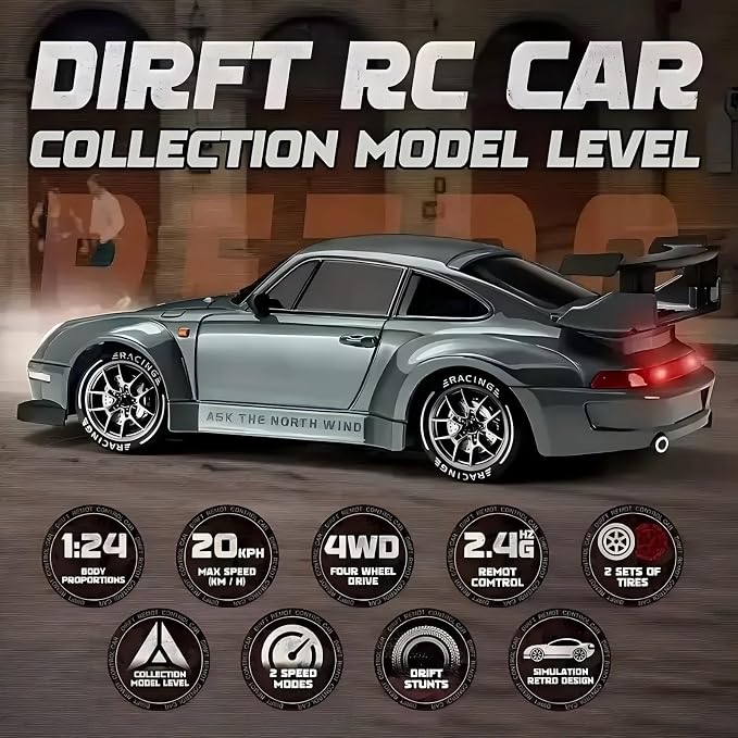 1:24 Scale RC Drift Car with LED Lights, 25km/h 4WD High Speed, Dual Batteries 50+ Min Play, 2.4GHz Remote Control, Multi-Surface Drift Tires, Racing Toy Vehicle for Adults Boys Girls, Storm Drive