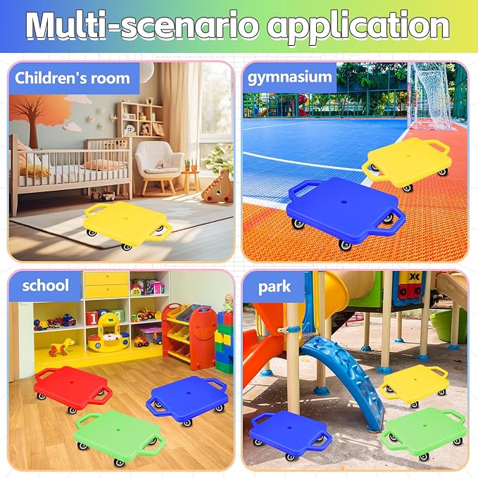 4 Pcs Sports Scooter Board with Handles for Kids Non-Marring Plastic Casters Floor Scooter Board Sitting Scooter Board Boy Girl Gym Indoor Outdoor Activities Play Equipment