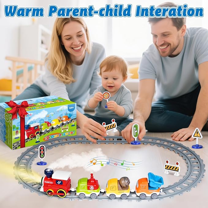 Train Set for Toddlers w/Steam, Sound & Lights, Toddler Toys for Age 2-4, Electric Train Set with Tracks Road Signs, Magnetic Train Toys Christmas Birthday Gifts for 2 3 4 5 Year Old Boys & Girls