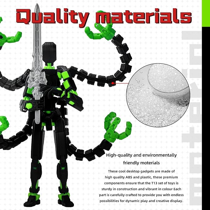 Already Assembled T13 Action Figure Accessories, T13 Multi-Jointed Movable,for Collectors Desktop Decorations t-13 Movability 3D Printed Toys (Black Green, 5.5inch)