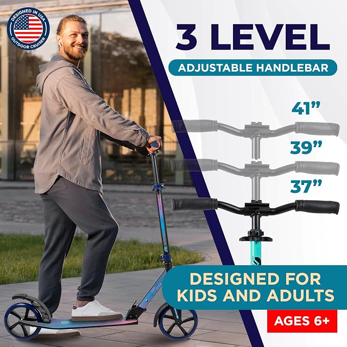 Outdoor Cruiser Kick Scooter for Ages 6+, for Kids, Teens, and Adults, Max Load 250 LBS, Foldable, 8-inch Wheels for Kids and Adults, Dual Suspension, 3 Adjustable Levels, Child Safety Approved, Aqua