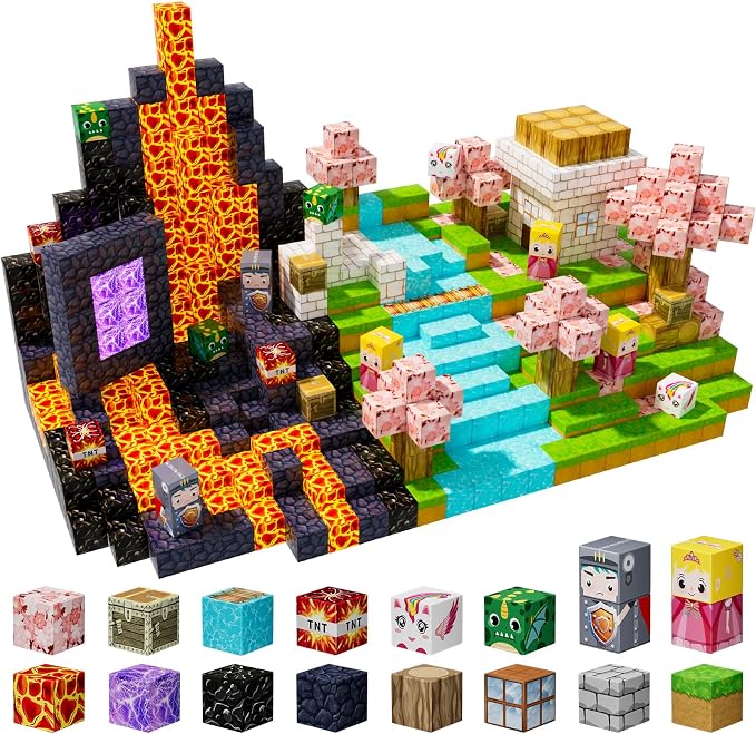 Uucoco 100PCS Magnetic Blocks - Magnet Cubes Toys Stacking, Build Mine Magnet World Magic Portal Set, STEM Montessori Stacking Toy for 3+ Year Old Boys&Girls (Forest and Castle)