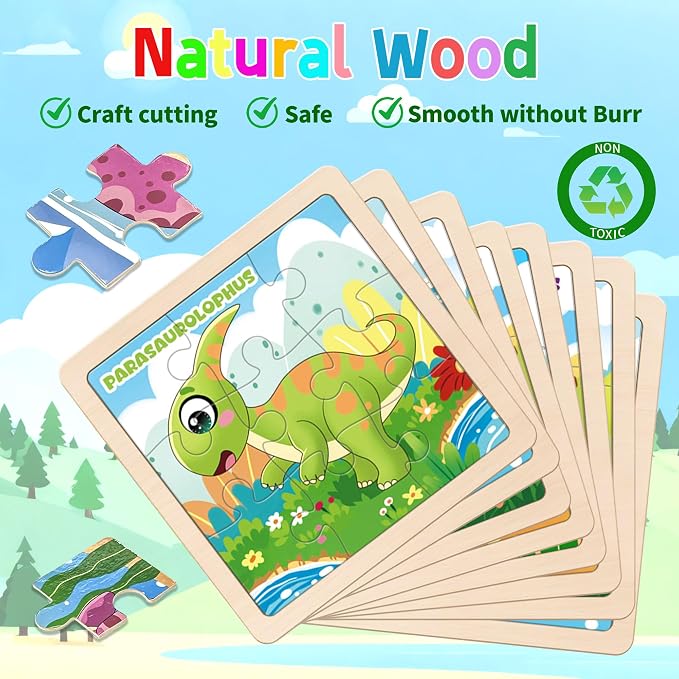 Wooden Dinosaur Puzzles for Toddlers, 8 Pack 9 PCS Jigsaw Puzzles for Kids, Wooden Puzzles for Toddlers 3-5, Dinosaur Toys for Kids 3-5, Preschool Puzzles Learning Educational Sets Toys