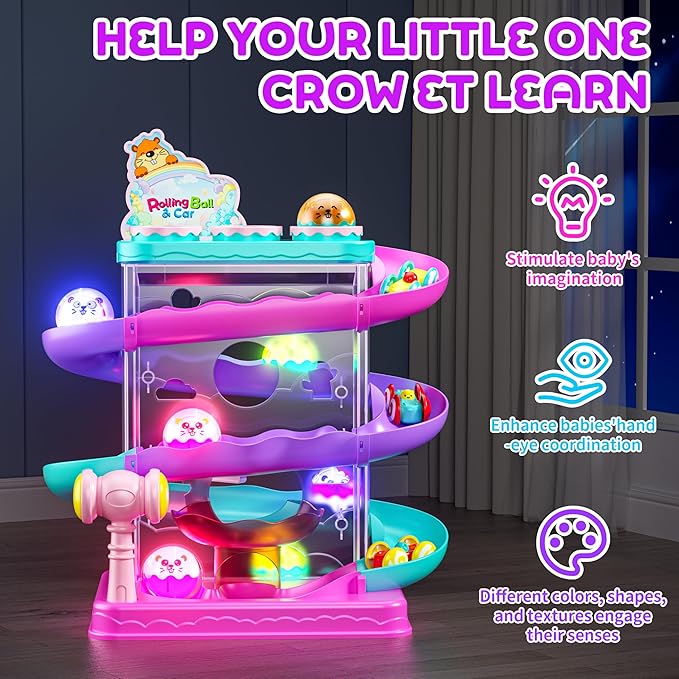 2-in-1 Light-Up Ball Drop & Car Ramp Track Toy with Hammer for Toddlers | Hammer, Launch, Roll and Race with a 2-in-1 Track Toy Made for Hands-On Fun