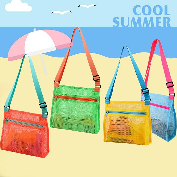 MUYIZI Mesh Beach Bag for Shells Collecting 4 Pack,Shell Bags for Beach,Sea Shell Bags for Picking Up Shells,Beach Shell Bag for Kids, Sand Toys,Beach Toys Swimming Accessories for Boys and Girls