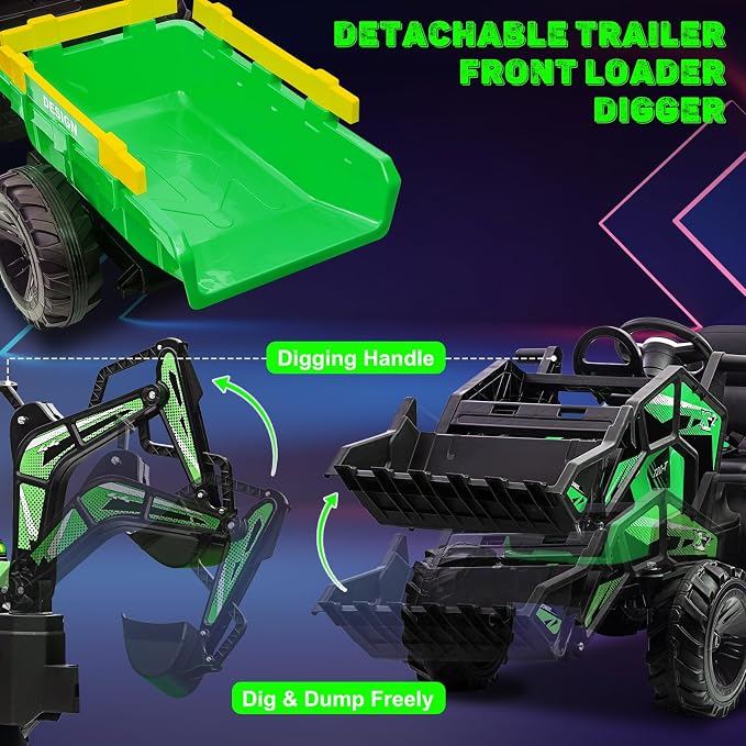 3 in 1 Ride on Tractor, 24V Ride on Toy for Big Kids, Excavator Bulldozer - Battery-Powered Electric Vehicle w/Trailer, Digger, Remote Control, LED Lights, Music, USB, Battery Powered, Green
