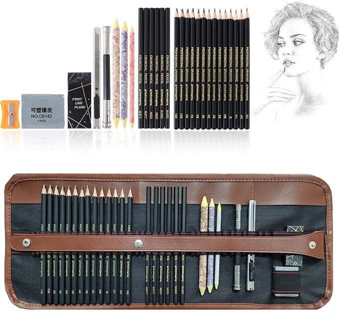Heshengping Drawing Pencils Sketch Pencil Art Supplies Set for Adults beginners Professional Sketching Art Graphite Charcoal Blending Stump Pencils kit