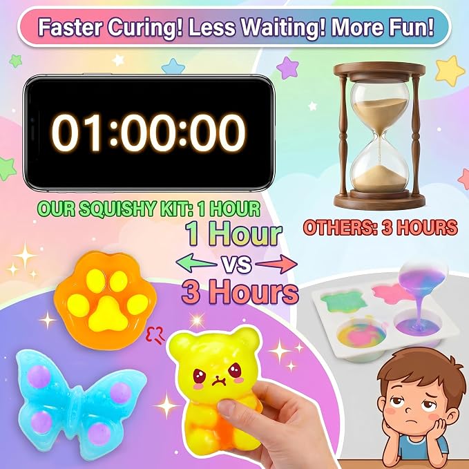 Carolart DIY Squishies Kit for Kids, Fast Curing Non-Sticky Liquid Silicone Rubber, Make Your Own 6 Glow in The Dark Animal Squishy Toys, Arts & Crafts STEM Activity Gift for Boys Girls Ages 6-12