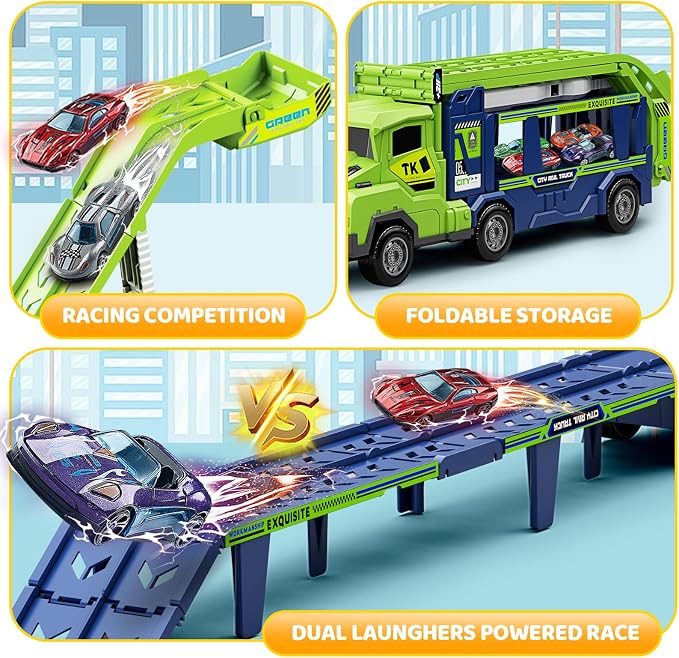 Truck Car Toys for 3, 4, 5, 6, 7, 8 Years Old Kids, Carrier Truck Race Track Toys, Foldable Transport Car Toys with 2 Foldable Race Tracks, 6 Metal Cars, Birthday Gifts for Toddler Boys Girls