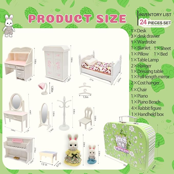 Dollhouse Bedroom Furniture Accessories Suitcase Set for Kids, Miniature Bed Wardrobe Dressing Mirror Piano Chair Table & 4 Flexible Dolls, Pretend Play Toy for Girls Ages 3+ (Girls' Bedroom)