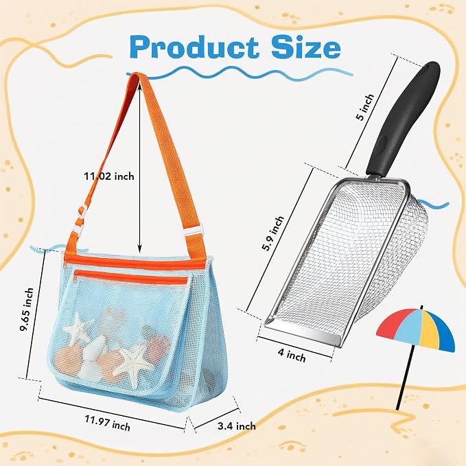 Beach Toy Set Include 2 Mesh Shovels and 2 Beach Mesh Bags,Kids Sand Sifter for Shells Collecting