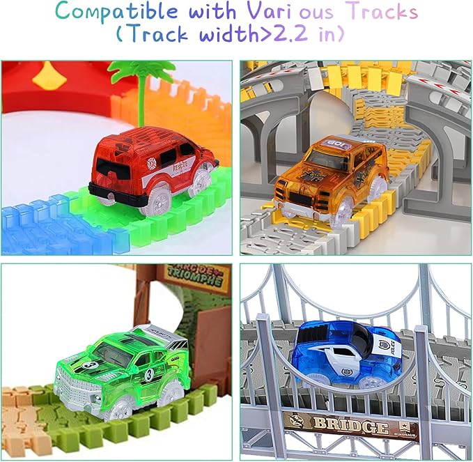 Tracks Cars Magic Light Up Track Cars Toy Glow in The Dark for 3 4 5 6 7 8 Kids Boy Girl, Race Cars with 5 LED Flashing Light Battery Operated Vehicle Compatible w/Most Tracks (4Pcs)