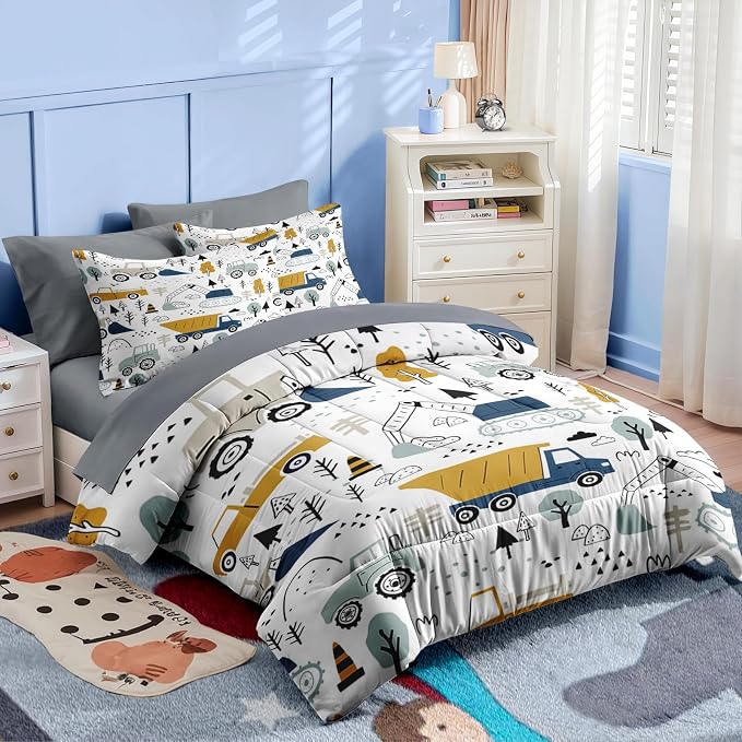 Nesker 7 Pcs Comforter Set Full Size, Cute Cars Truck Tractor Bedding for Kids Teen, Cargo Crane Bulldozer Excavator with Fitted Sheet 2 Pillowcases & 2 Shams for Bedroom Bed Decor