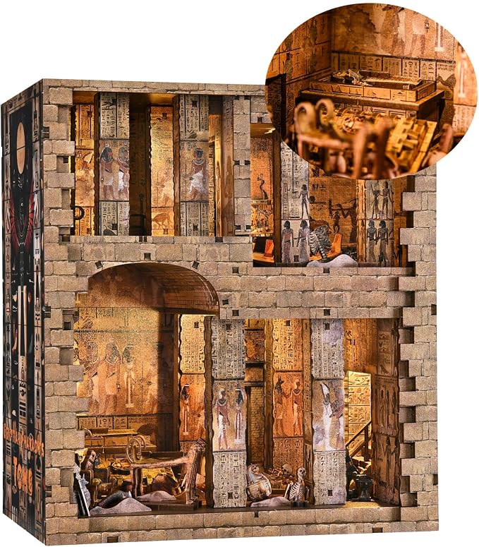 fifijoy Book Nook Kit - DIY Miniature House Dollhouse Kit for Adults and Teens, 3D Wooden Puzzle Booknook Build Bookshelf Decor with LED Light, Gifts for Family and Friends (Egyptian Pharaoh's Tomb)