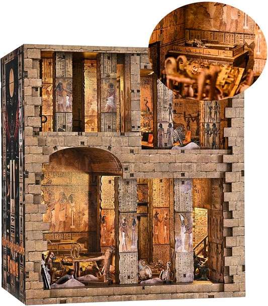 fifijoy Book Nook Kit - DIY Miniature House Dollhouse Kit for Adults and Teens, 3D Wooden Puzzle Booknook Build Bookshelf Decor with LED Light, Gifts for Family and Friends (Egyptian Pharaoh's Tomb)