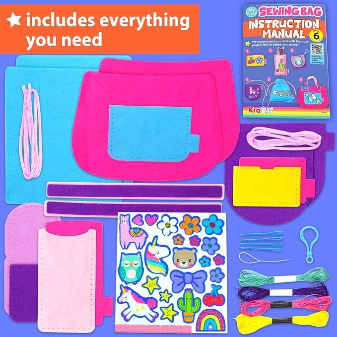KRAFUN Sewing Bag Kit for Beginner Kids - 6 Animal Themed Projects Age 6+ | Sew 6 mini animal-themed bag & case holders. Instructions & felt included. Gift for girls & boys learning to sew