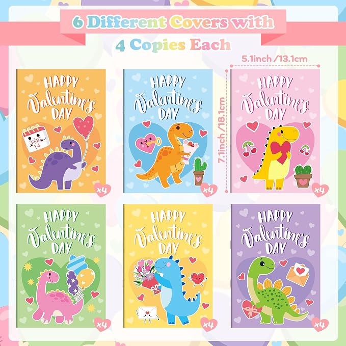 Valentine’s Day Activity Books for Kids - 24Pcs Dinosaur Theme Mini Games Coloring Book Set Bulk Mazes Word Search Word Scramble Games for Valentines Party Goodie Bags Stuffers School Classroom Favors