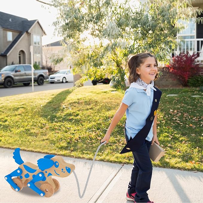 Montessori Toys 1 2 3 4 Years Old Boys Girls Wooden Walking Pull Dog Toy for Baby Toddler, Pull Along Walking Toys, Walk Along Puppy Pull, Wooden Pull & Push Toy (Blue)