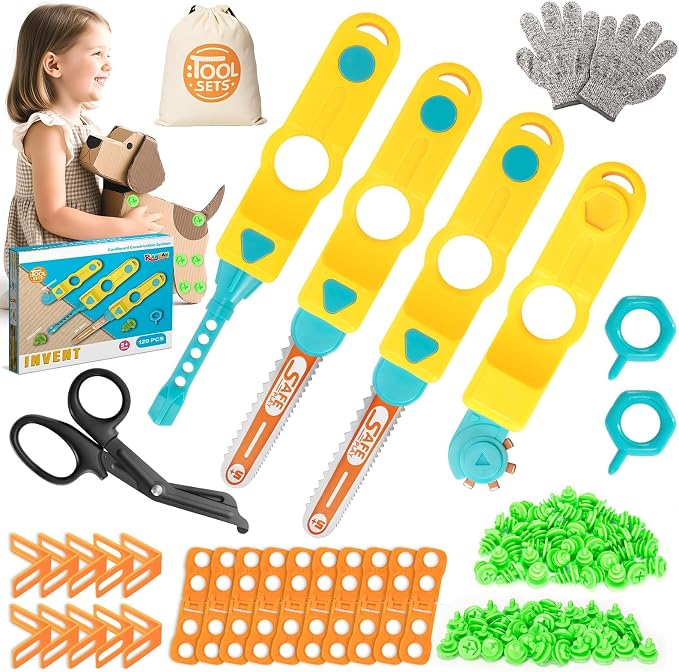 Cardboard Tools for Kids, 129 PCS Cardboard Construction Kit, Kids Building Set with Safe Serrated Cutter, Crease Roller, Screws & Nuts, Creative STEM Educational Toys Gift for Boys and Girls Age 5+