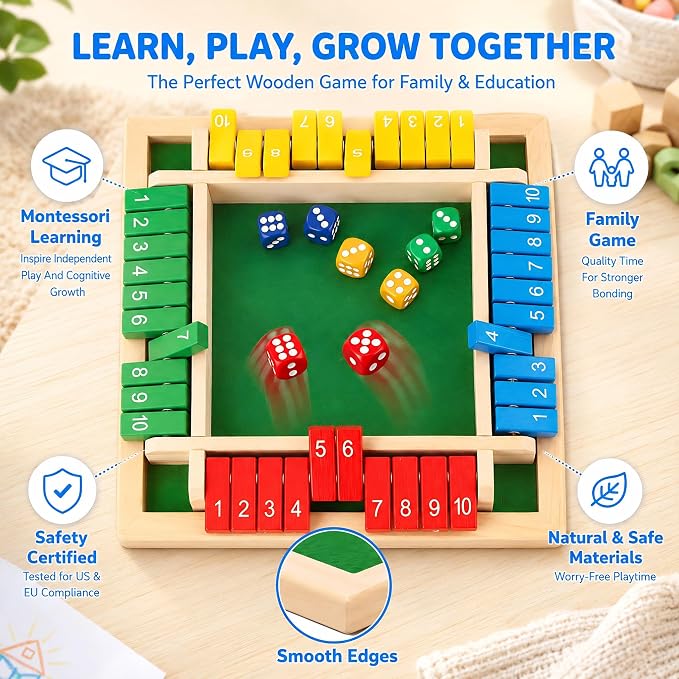 Shut The Box Game, Wooden Number Flip Board Dice Tabletop Toys for 2-4 Player, Math Educational Learning Tools for Kids and Adults, Classic Pub Family Game Night Party Activity, Camping