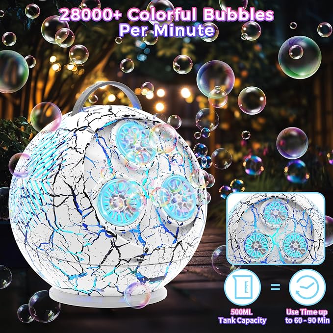 Bubble Machine Automatic Bubble Blower for Kids Toddlers Spherical LED Bubble Maker Electric Auto Rotating 45°/360° Outdoor Toy for Easter and Birthday Gift Party Wedding