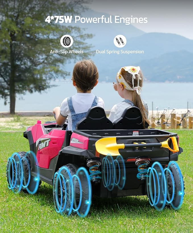 ELEMARA 24V Ride on Toy for Big Kid,Ride on Car 2 Seater w/Sun Shade,Dump Bed & Shovel,4.5MPH,4WD Electric Car for Kids,Battery Car w/Remote,Kids Ride on Truck,3 Speeds,LED Lights,Bluetooth, Hot Pink