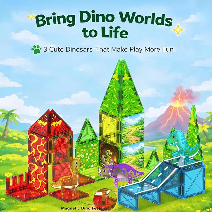LATI Magnetic Tiles Dinosaur Building Set, Dino World Magnet Blocks with Double-Sided Egg Hatch Story, STEM Construction Toy for Kids Ages 3+, Educational Gift for Boys & Girls
