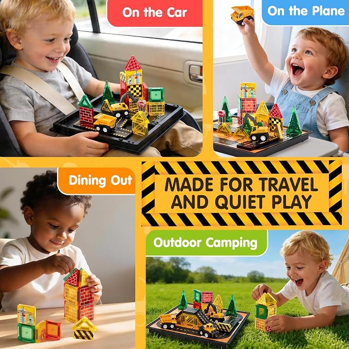 hahaland Mini Magnetic Tiles Travel Road Construction Toys Magnetic Building Blocks with Engineering Vehicles Trucks Case 2-in-1 Road-Themed Box Montessori Birthday for 3-6 Year Old Toddler