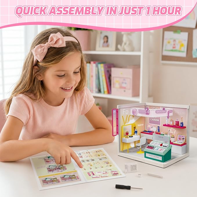 MINDNOOK DIY Miniature House Kit, LED Light-Up Dollhouse, Mini Dollhouse Building Set with Furniture, Craft Hobby Gift for Adults, Teens & Kids Ages 6+ (Cosmetics Store)