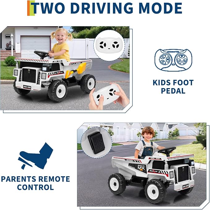 Garvee 12V Ride On Dump Truck for Kids, Ride On Car with Remote Control, Construction Vehicles with Dump Bed & Shovel, Ride-On Toys 16.5 in Spacious Seat, Music, Headlights, Soft Start, White