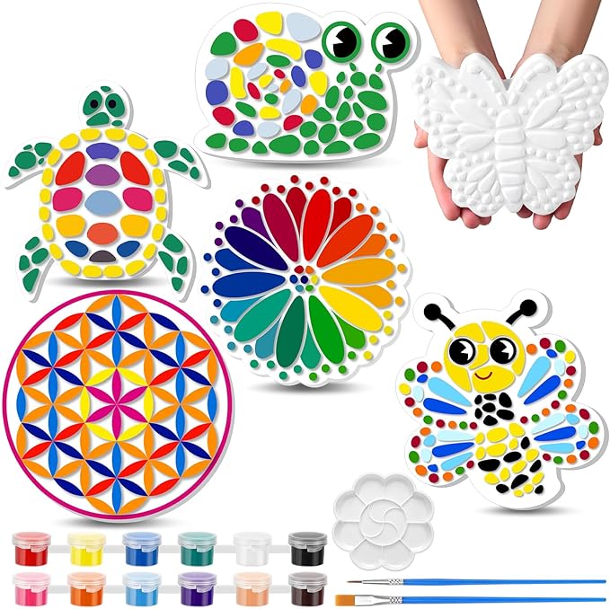 6 Pack Stepping Stone Ceramic Kit for Kids Paint Your Own Plaster Stones Arts and Crafts Handprint Garden and Summer DIY Craft Pottery Outdoor Painting Gifts for Kids Ages 4-12