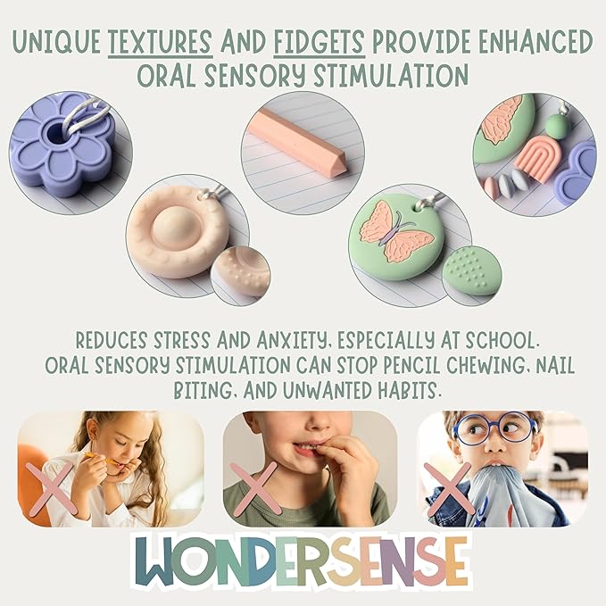 Whimsy Chew Necklaces for Sensory Kids | 5PCS Calm Colors Teething Toys | Chewy Necklace Sensory Toys for Kids with Autism | Premium Silicone Chewlery ADHD Tools | Fidget Necklace