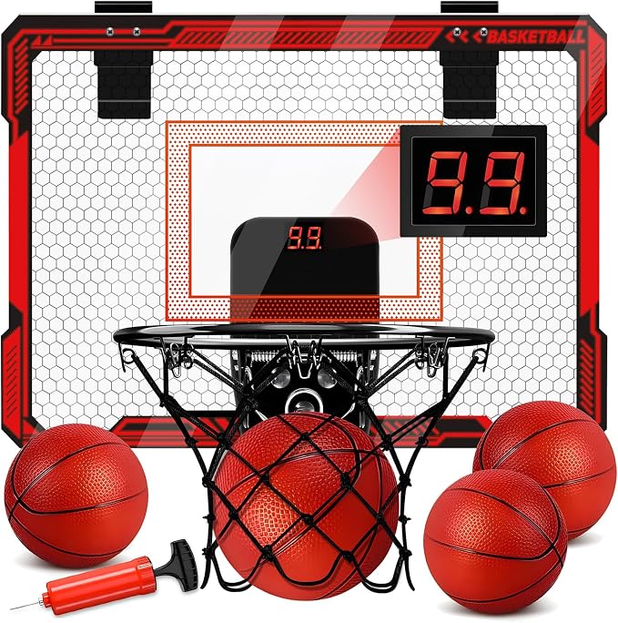 Molutsody Indoor Basketball Hoop for Kids, Over The Door Mini Hoop with LED Light & Scoreboard - Easy Install & Safe for Doors, Birthday for 5 6 7 8 9 10+ Year Old Boys (Red)
