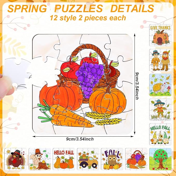Realspring 24 Pack Fall Color Your Own Jigsaw Puzzles for Kids Ages 3-5, 4-6, 6-8, Coloring Thanksgiving Crafts DIY Paper Puzzles Party Favors Gifts for Toddler Children Learning & Education Toys