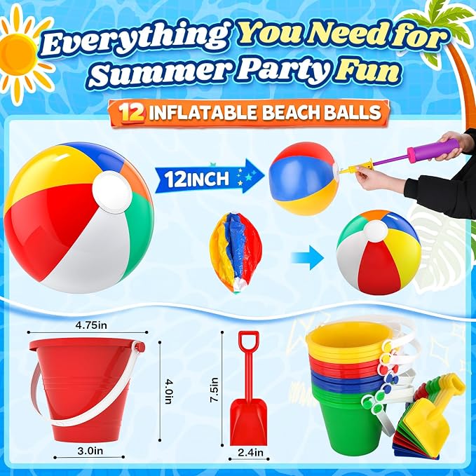GIFTINBOX Beach Pool Party Favors,146PCS Pool Beach Toys for Kids Ages 4-8 8-12, Summer Party Favors for Kids, Beach Balls, Kids Sunglasses, Buckets Bulk Sand Toys, Birthday Party Decorations