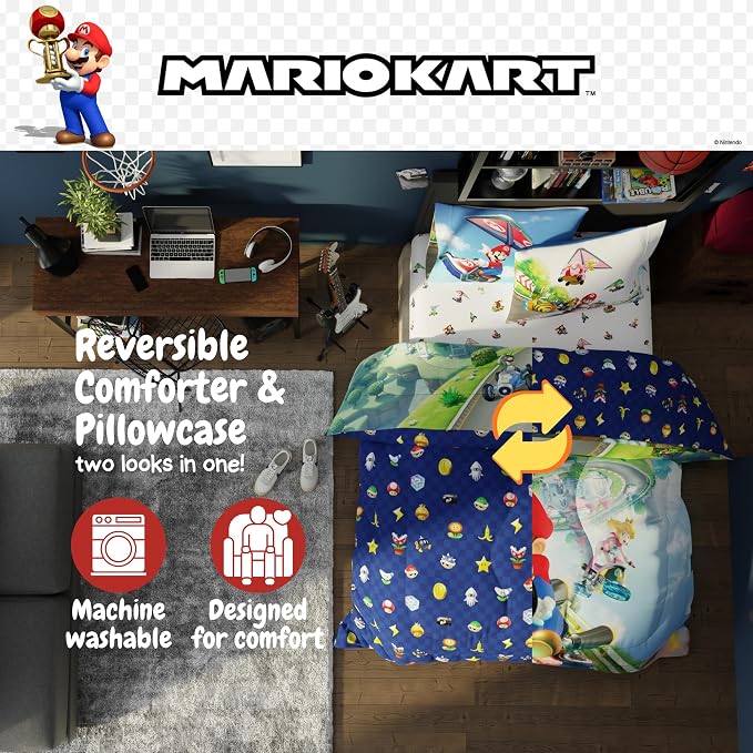 Super Mario Kart Game Kids Bedding Set, Full Size, 5-Piece Super Soft Cozy Reversible Comforter & Sheet Set (Officially Licensed Product) by Franco