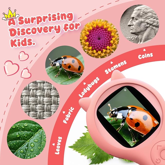Kids Microscope for Girls, 500X Portable Digital Microscope with 2" IPS Screen, Cute STEM Learning Toy, Birthday Gift for Girls Age 5-12 (Pink)