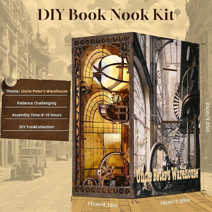 Book Nook Kit - DIY 3D Wooden Puzzle Bookend with LED Lights, Miniature Dollhouse Bookshelf Decor for Adults,Uncle Peter's Warehouse