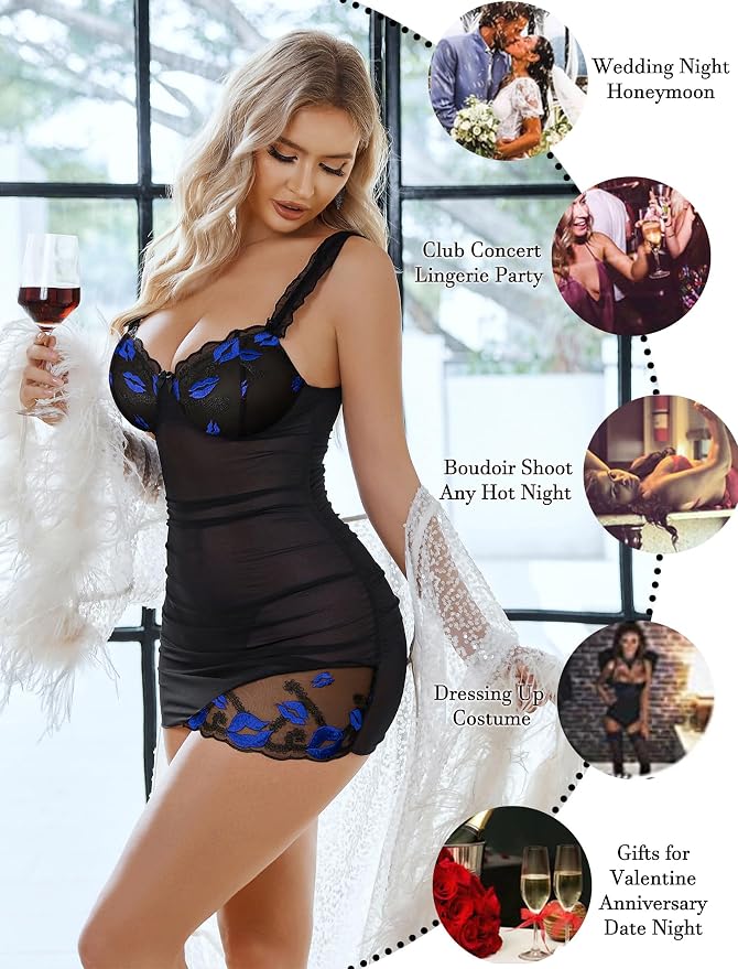 Avidlove Lingerie for Women Mesh Babydoll Lingeries Lace Chemise Floral Sleepwear Dress Sheer Exotic Boudoir Outfit S-XXL