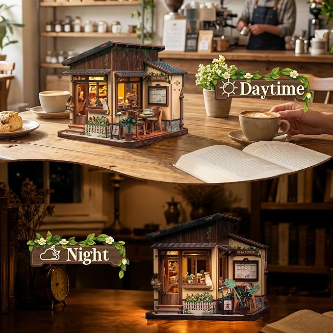 Cutebee DIY Miniature House Kit Japanese Coffee Shop Dollhouse for Adults | 3D Wooden Puzzle Model Building Kit with LED Lights, 262 Pcs Tiny House DIY Craft Home Desk Shelf Decor Gift Kissa Coffee