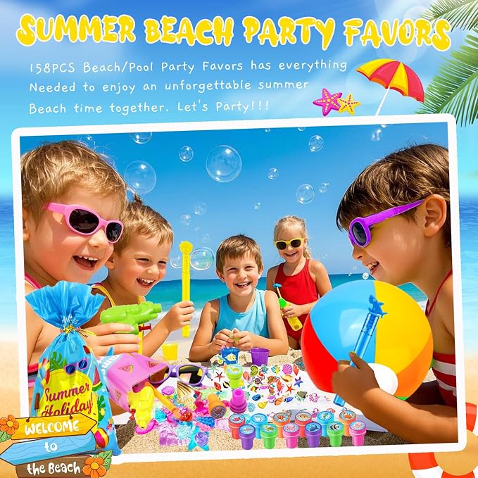 Pool Party Favors and Beach Party Favors,158PCS Summer Pool Toys for Kids, Undersea theme decoration, Including Beach Balls, Sunglasses, Bubble Wands, Stamp and Crystal Shells for Kids Ages 4-8 8-12