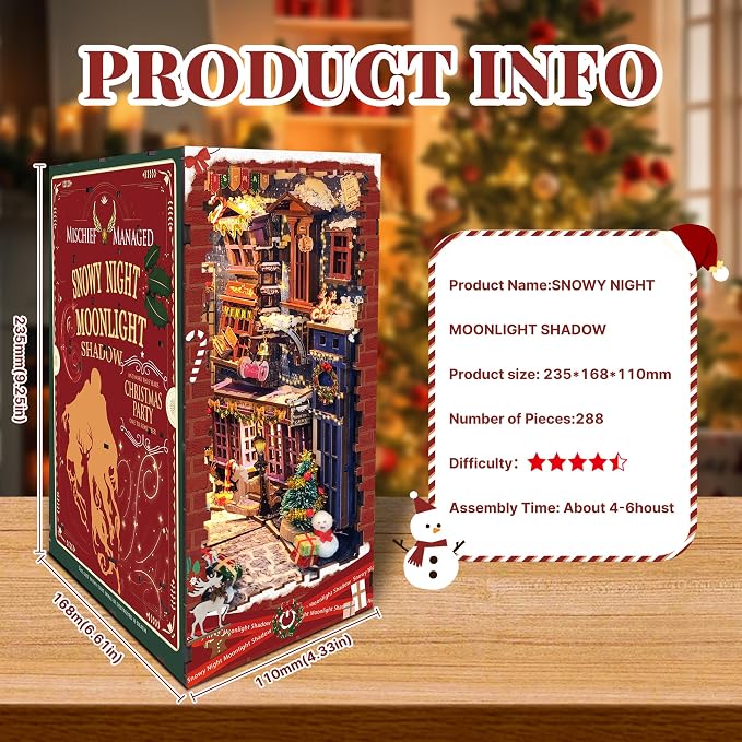 DIY Book Nook kit - Christmas Style Miniature House Kit Bookshelf Insert Decor, 3D Wooden Puzzle with LED Dust Cover, Gift for Adults Teens Birthdays - Christmas Snow Night