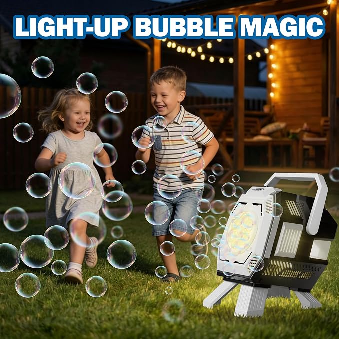 Belemar Bubble Machine for Kids with Lights, 6 Big Bubble Holes, Up to 15,000 Bubbles/Min, 320ml Large Tank, Battery Operated Portable Bubble Blower for Toddlers, Birthday Parties & Outdoor Fun