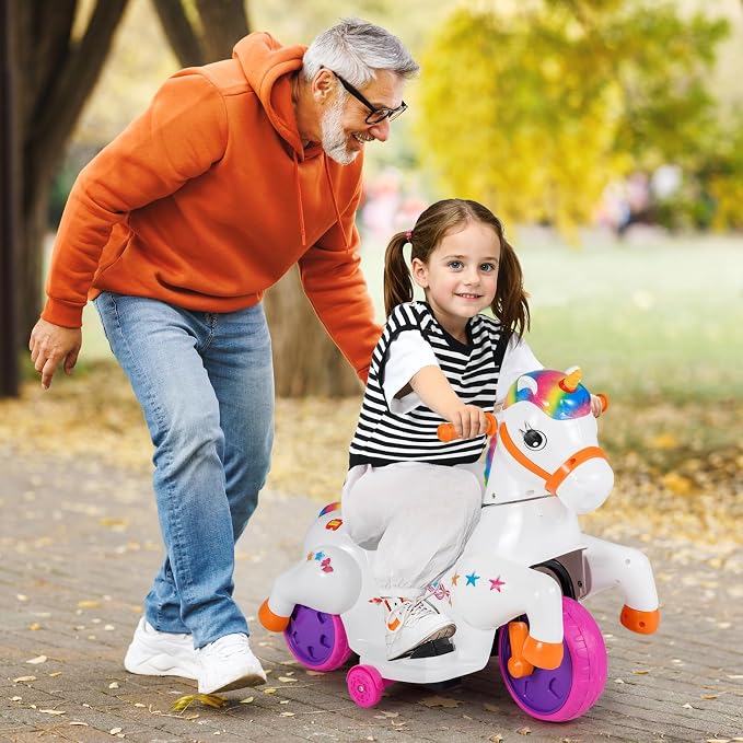 Costzon Ride on Car, 12V Ride on Toys for Toddlers Pony with Training Wheels, up & Down Mode, Music & LED Power Display, Motorized Play Horse, Kids Car Motorcycle for Boys Girls (Rainbow)