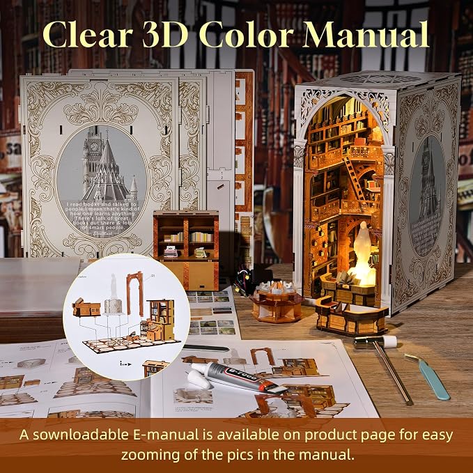 CCCDF Book Nook Kit, DIY Miniature House Kit 3D Wooden Puzzle for Adults Booknook Kit with Dust Cover Book Decor Bookshelf Decoration Decorative Bookends Women Craft Gifts for Teens (Public Library)